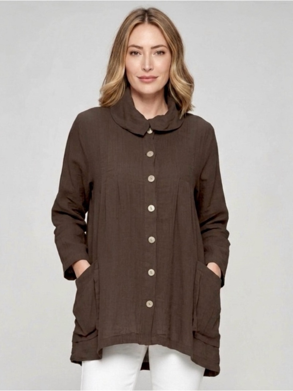 Match Point USA Linen Collared Funnel Neck Button Down Jacket Top Size L